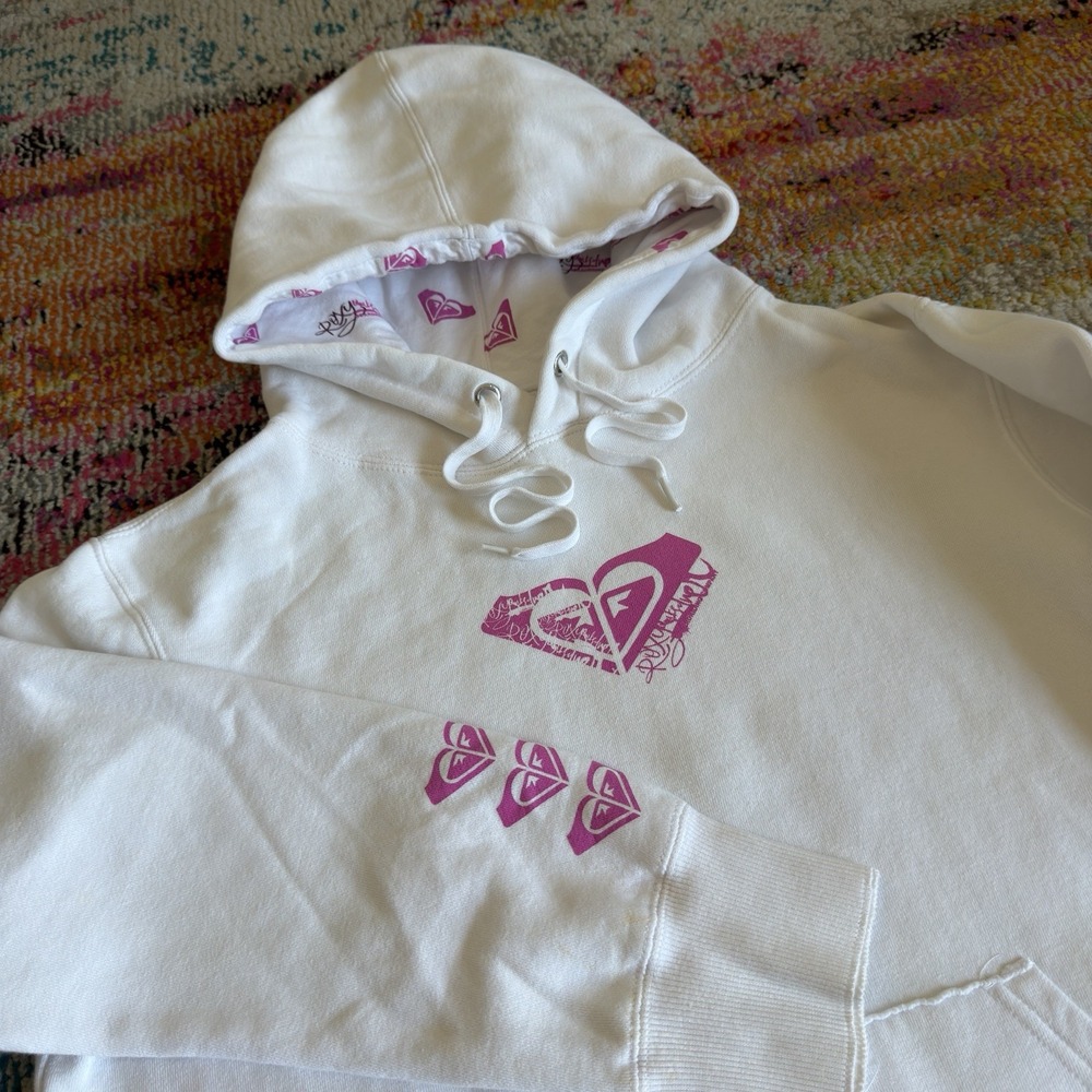 Vintage Y2K Roxy Quiksilver Boardriding Co Heart Logo Hoodie Sweatshirt XL